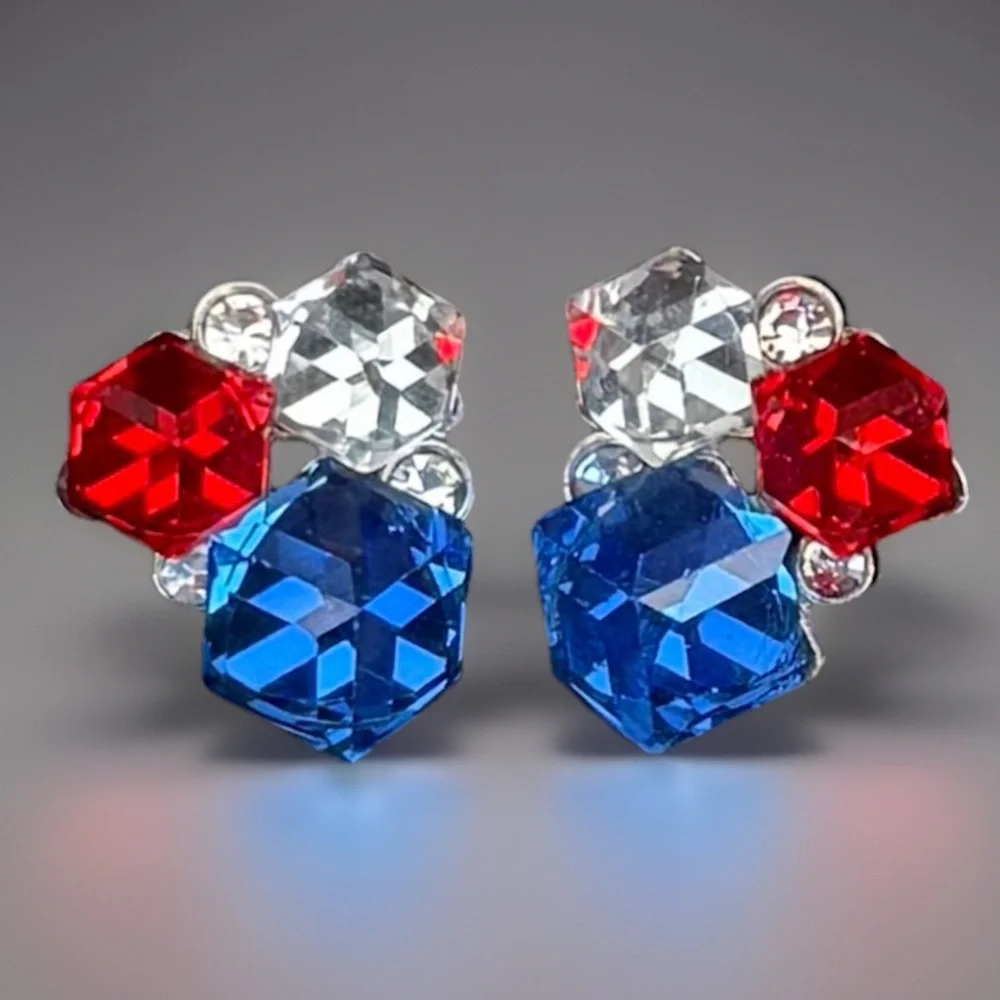 Custom, red, clear and blue pierced bling earrings